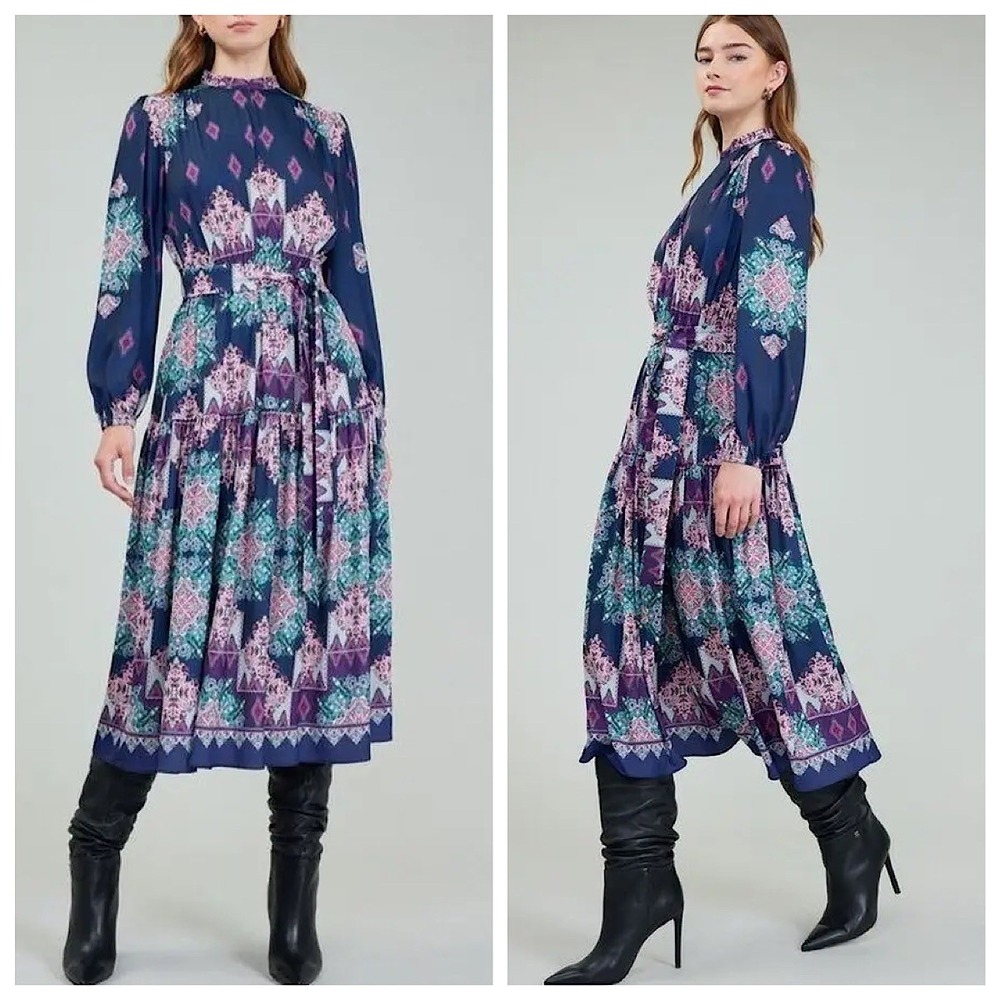 Current Air Dress Women Sz S Blue Paisley‎ Long Sleeve Boho Maxi 2490260 NWT